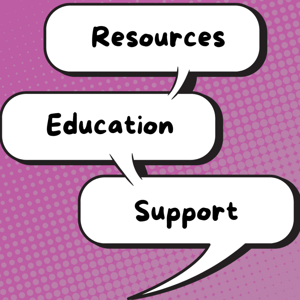 3 speech bubbles on a purple background. Resources, Education, Support