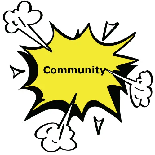 A yellow comic burst with "community" in the middle