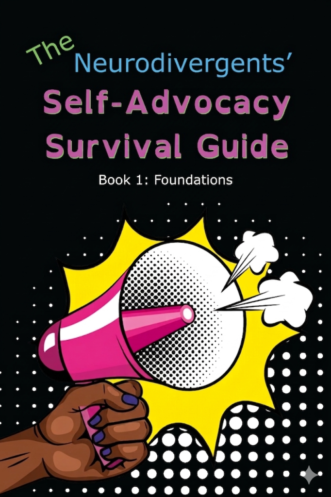 Colorful book cover for "The Neurodivergents’ Self-Advocacy Survival Guide" featuring a hand holding a pink megaphone. Transcribed Text: The Neurodivergents’ Self-Advocacy Survival Guide Book 1: Foundations